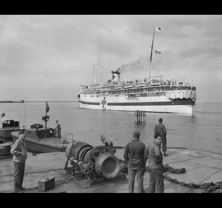 U.S. Army hospital ship at Cherbourg, France, harbor, May 22, 1945.