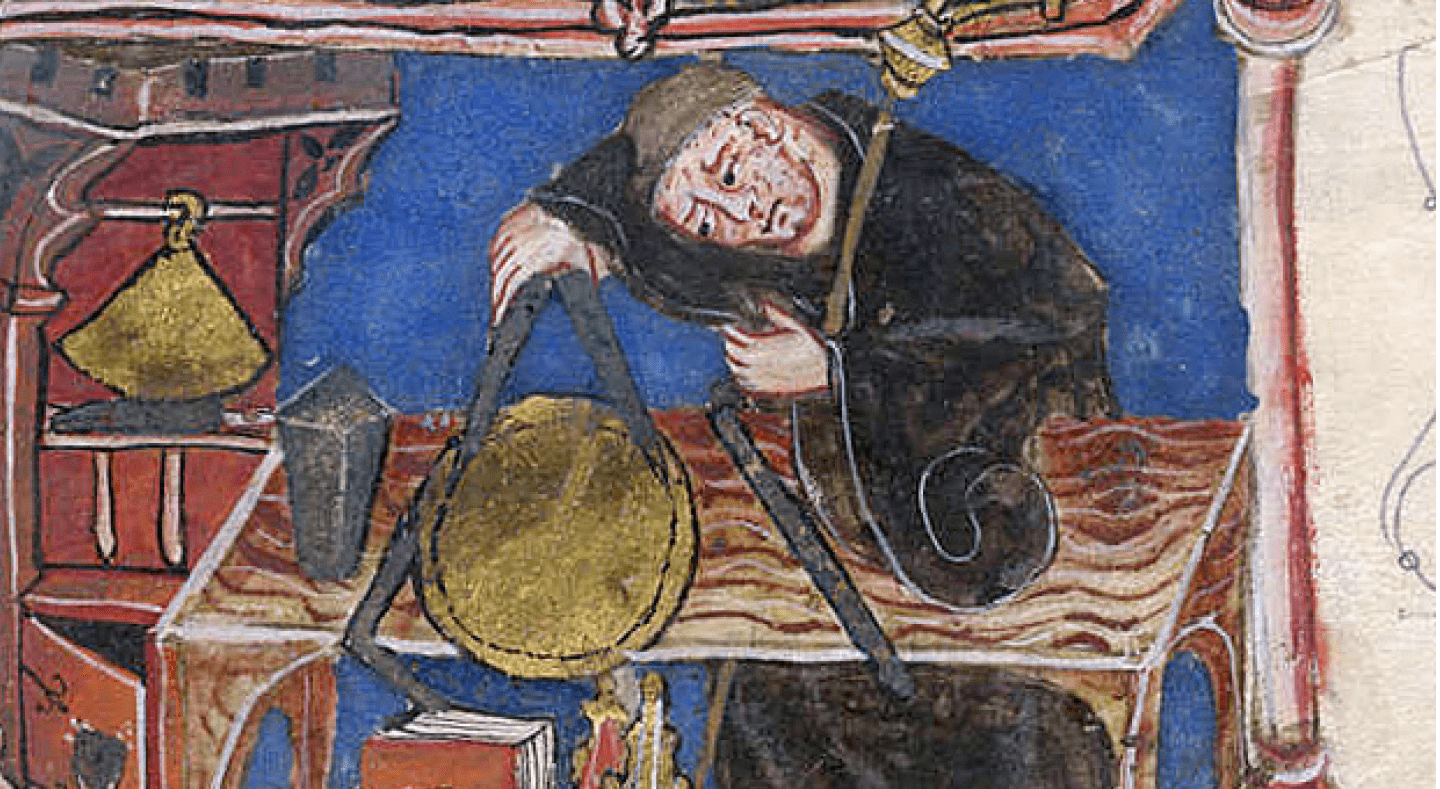 Miniature of Richard of Wallingford, Abbot of St. Albans, mathematician and inventor of a mechanical astronomical clock.